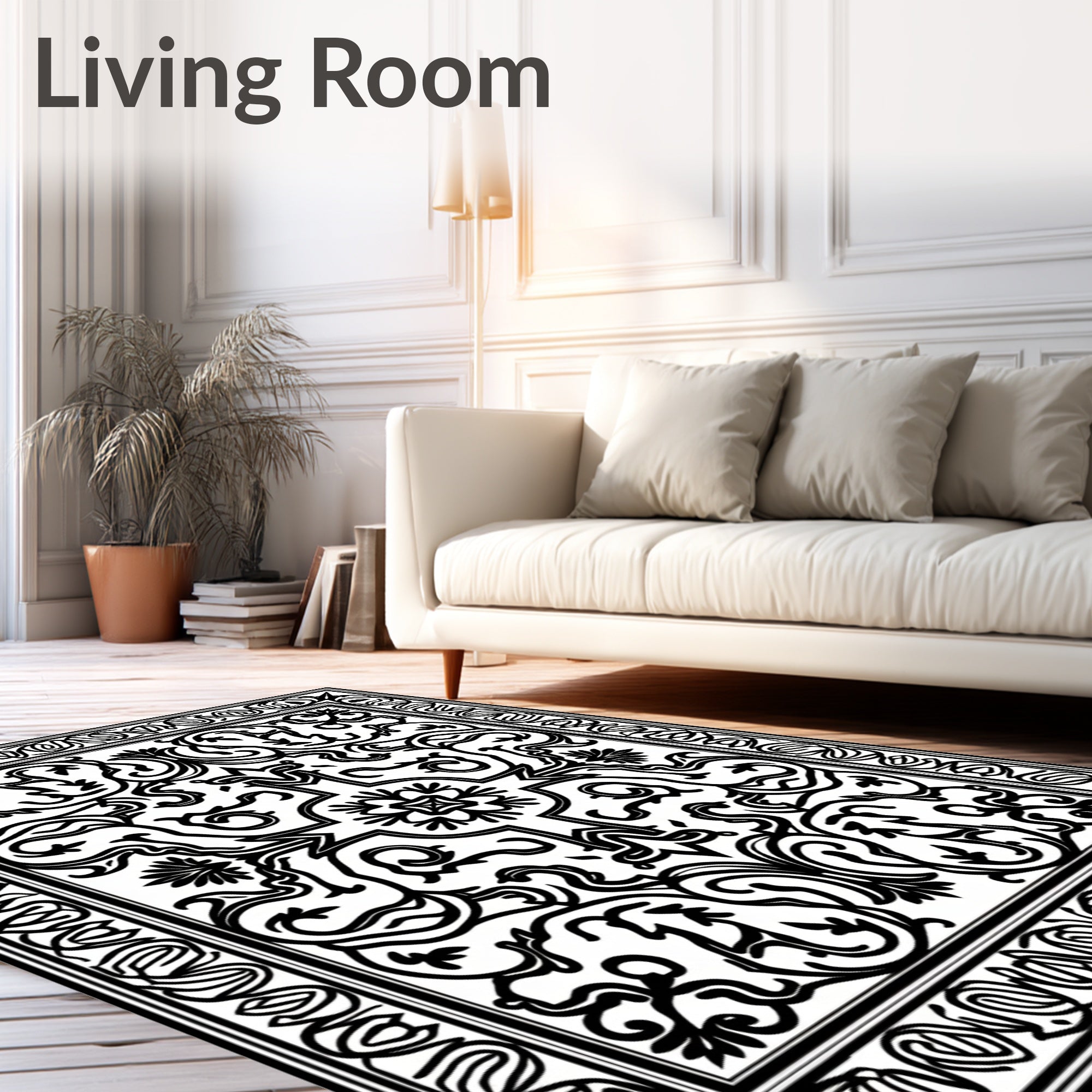 Intricate Black White Scrolling Vines Rug