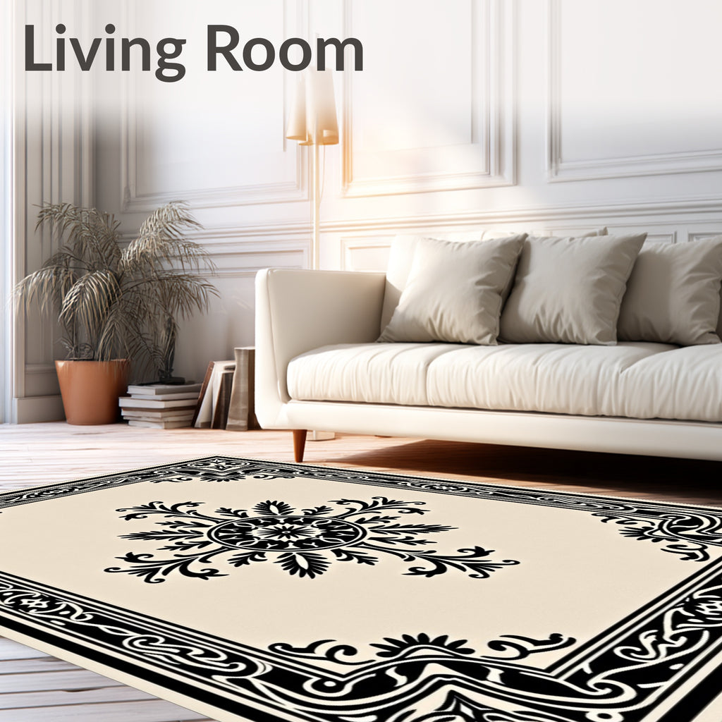 Black and Cream Ornate Floral Medallion Rug