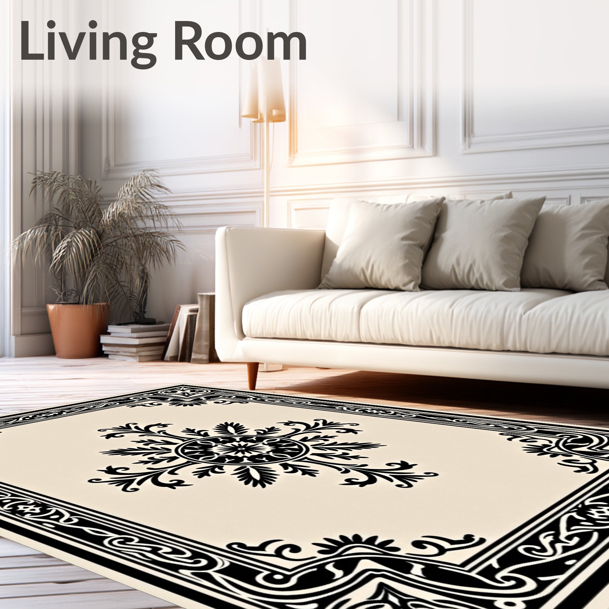 Black and Cream Ornate Floral Medallion Rug