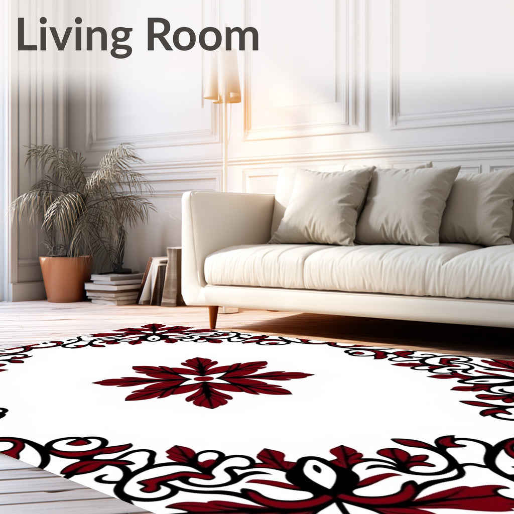 Deep Red Floral Swirl Medallion Rug