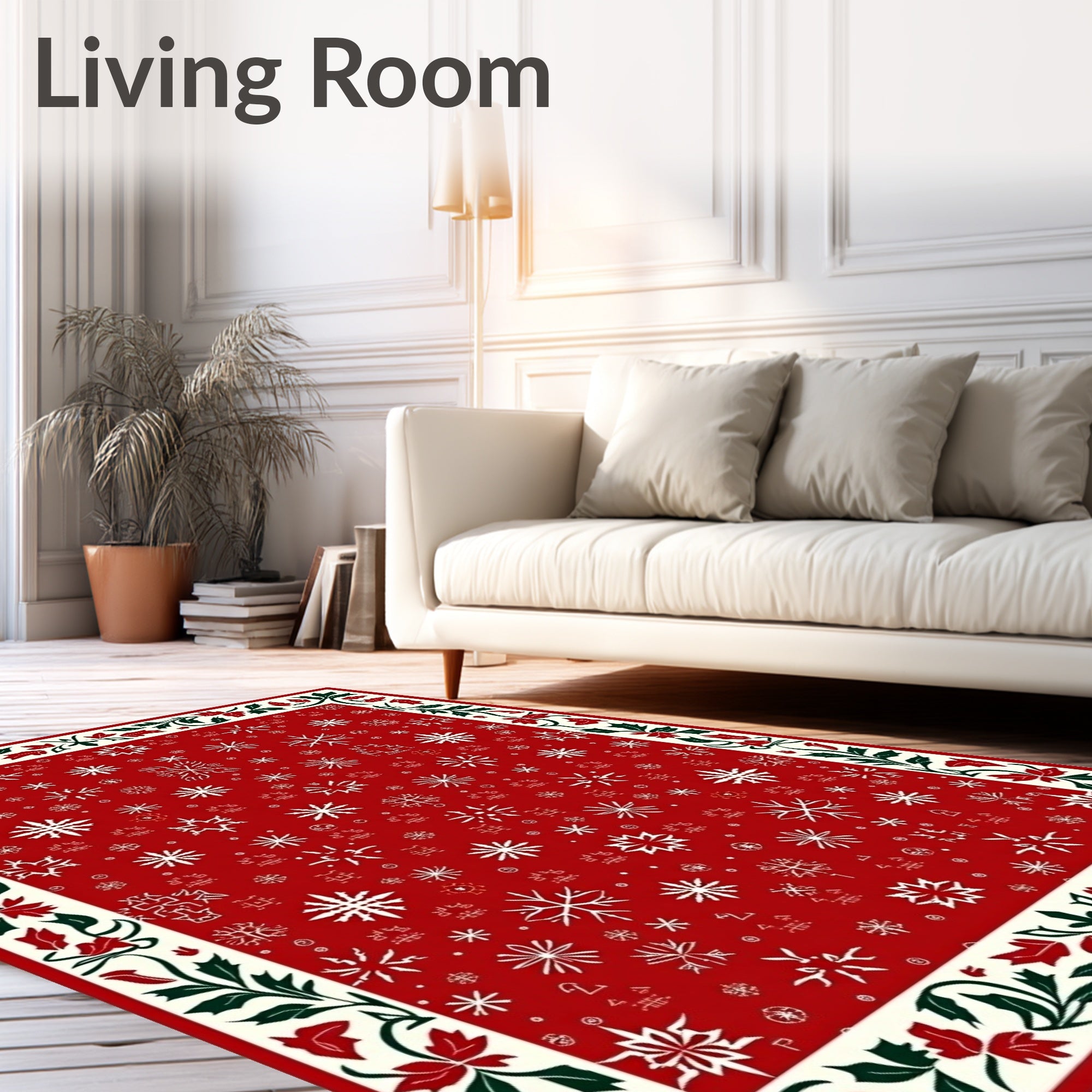 Red Snowflake Winter Holly Border Rug