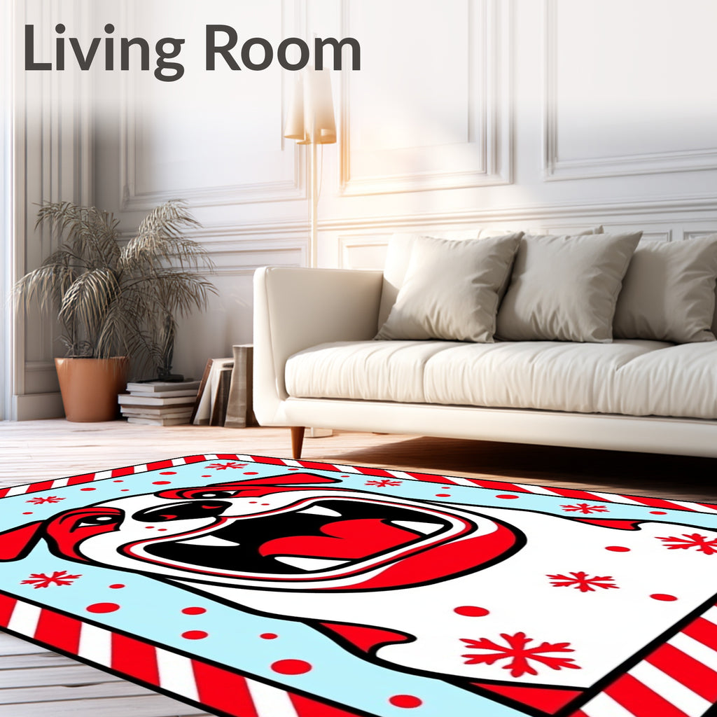 Red White Bulldog Snowflakes Candy Cane Border Rug