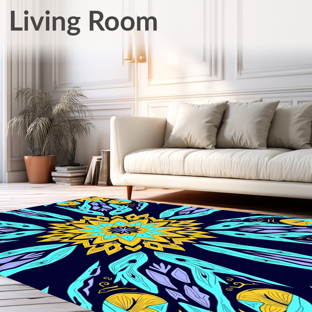 Yellow Teal Bloom Mandala Rug