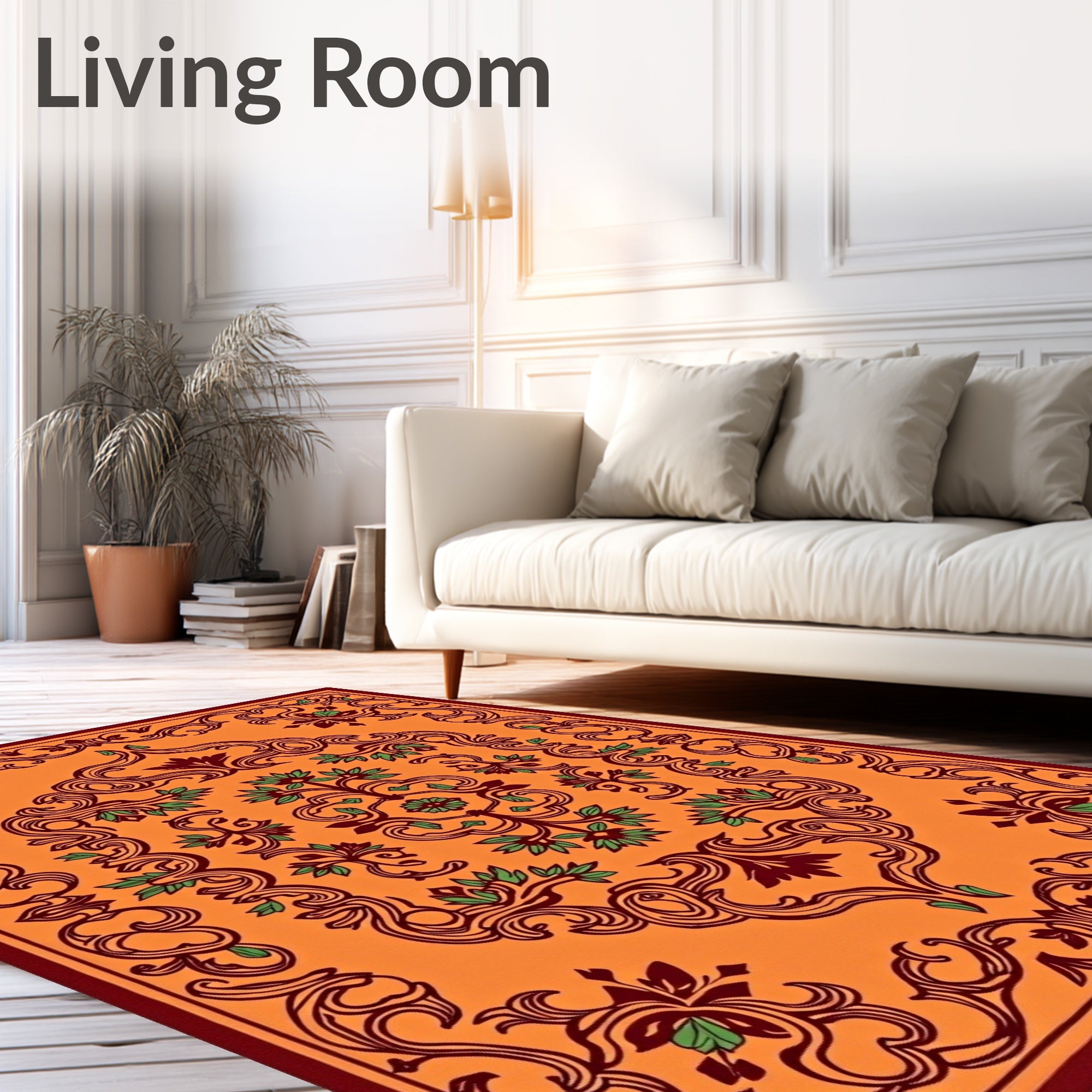 Orange Burgundy Green Floral Scroll Rug