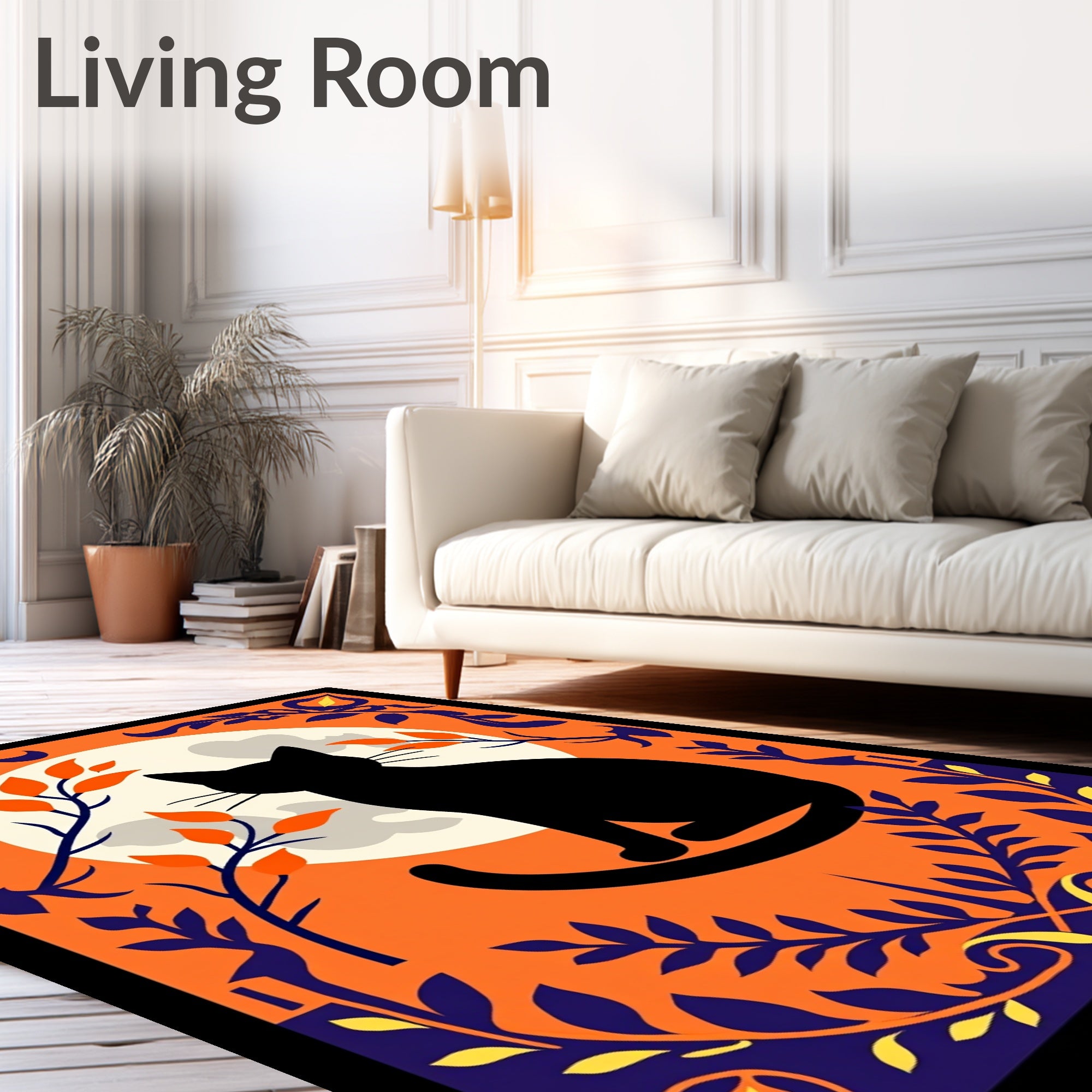 Black Cat Moon Orange Botanical Rug