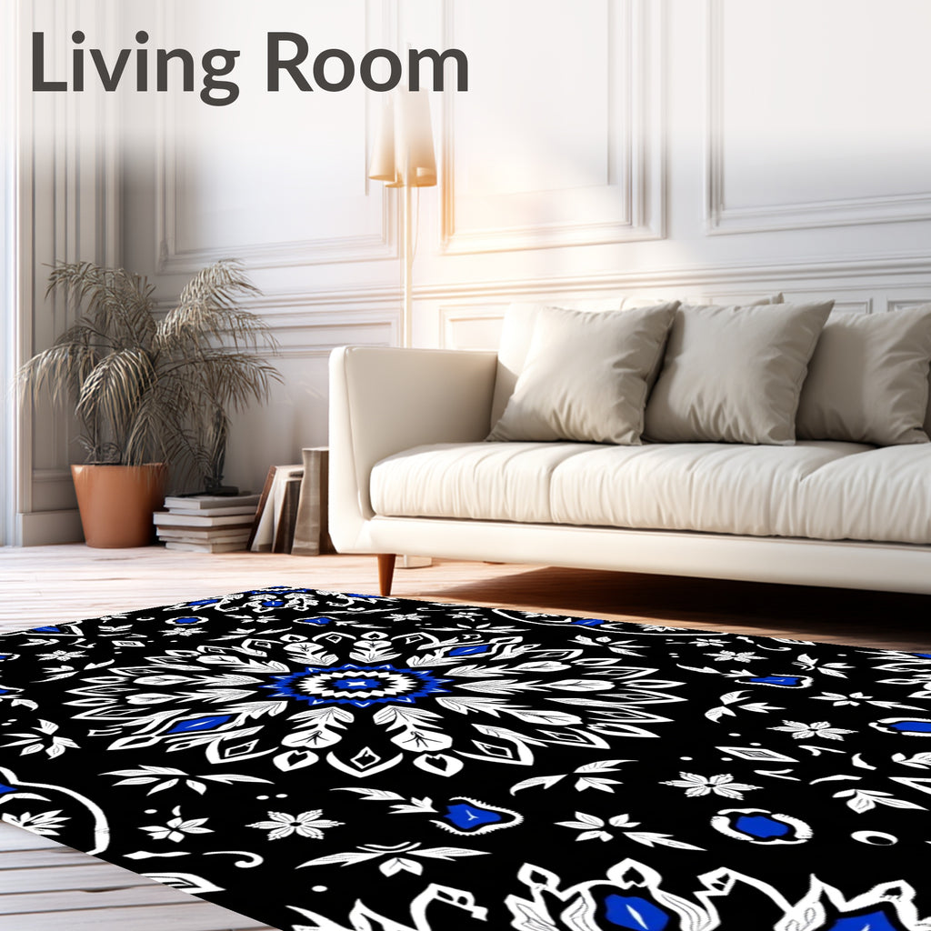 Bold Cobalt Black Mandala Bloom Rug