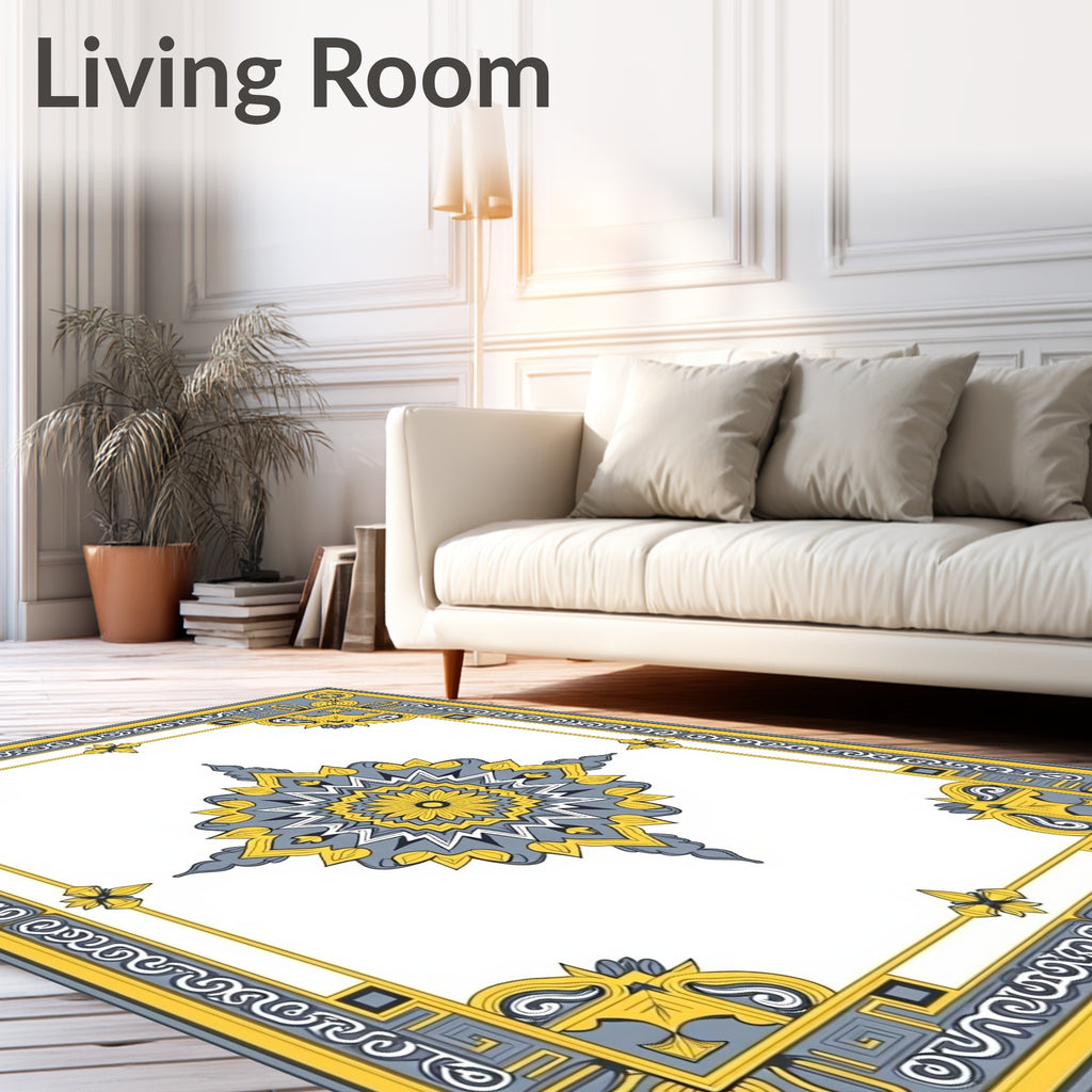 Golden Gray Mandala Border Medallion Rug
