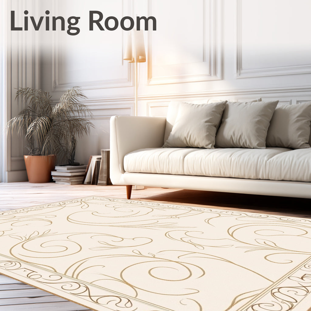 Cream and Gold Ornate Scroll Rug
