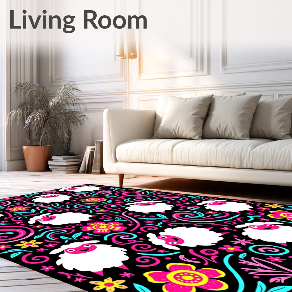 Whimsical Sheep Floral Swirl Rug