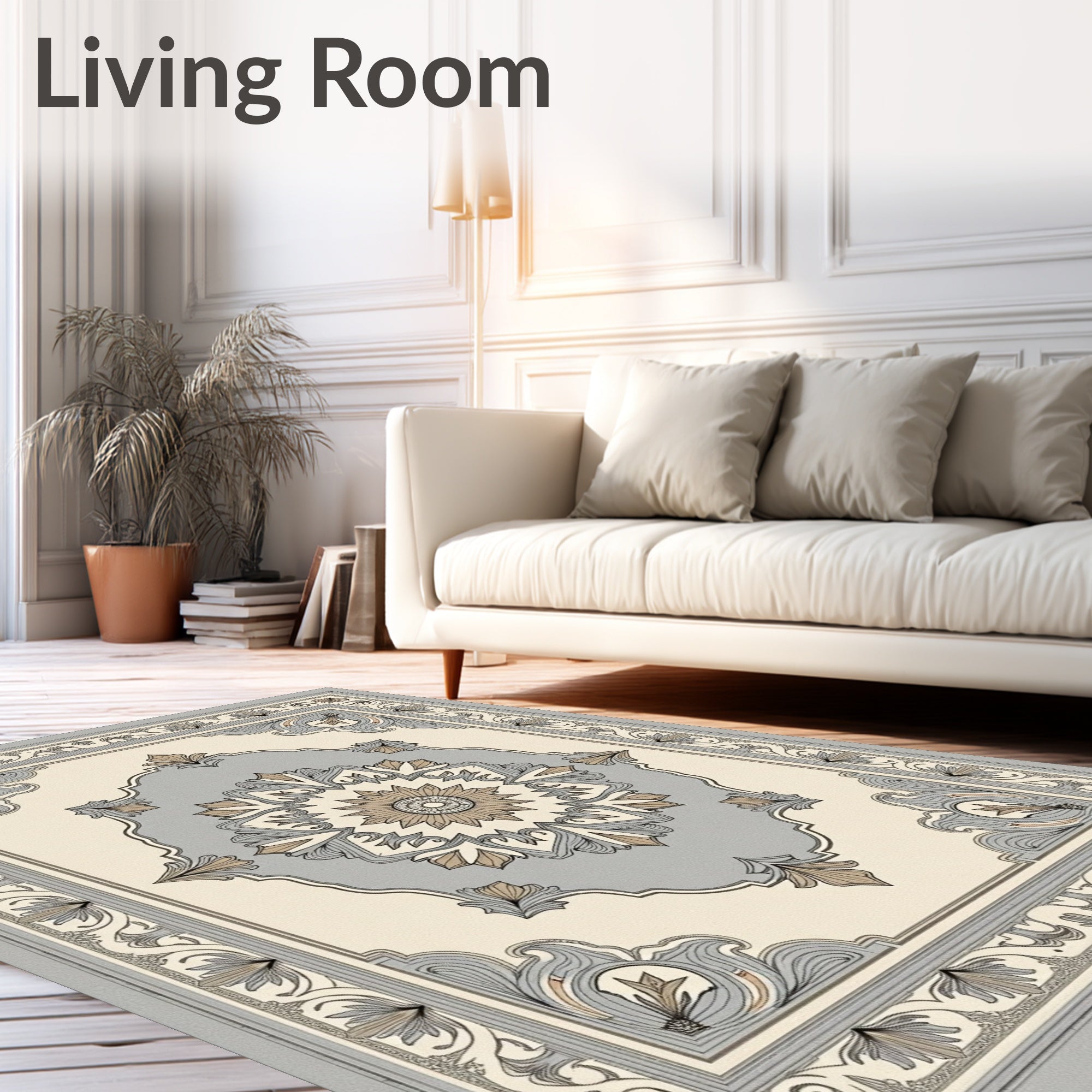 Elegant Silver Cream Floral Medallion Rug