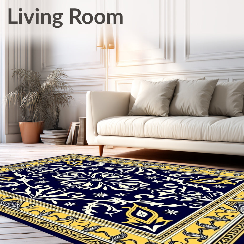 Ornate Navy Blue Golden Floral Rug