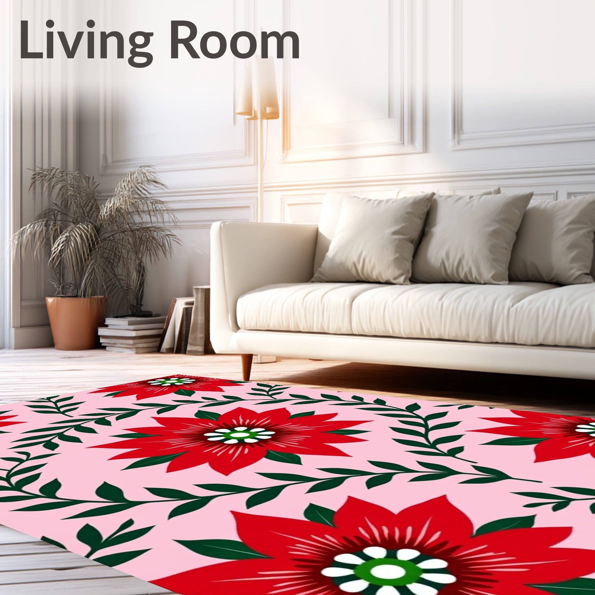 Bold Red Floral Vines Pink Background Rug