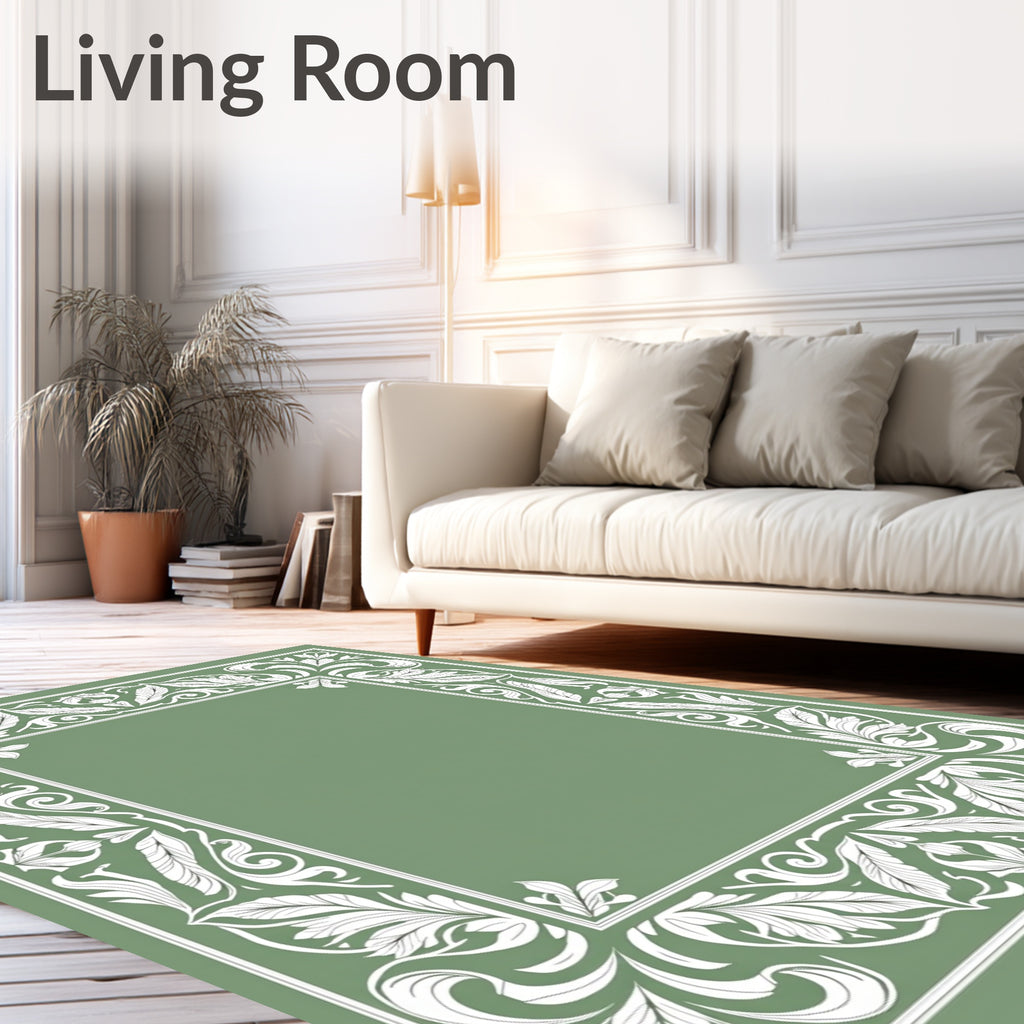 White Leafy Border Scrollwork Frame Rug