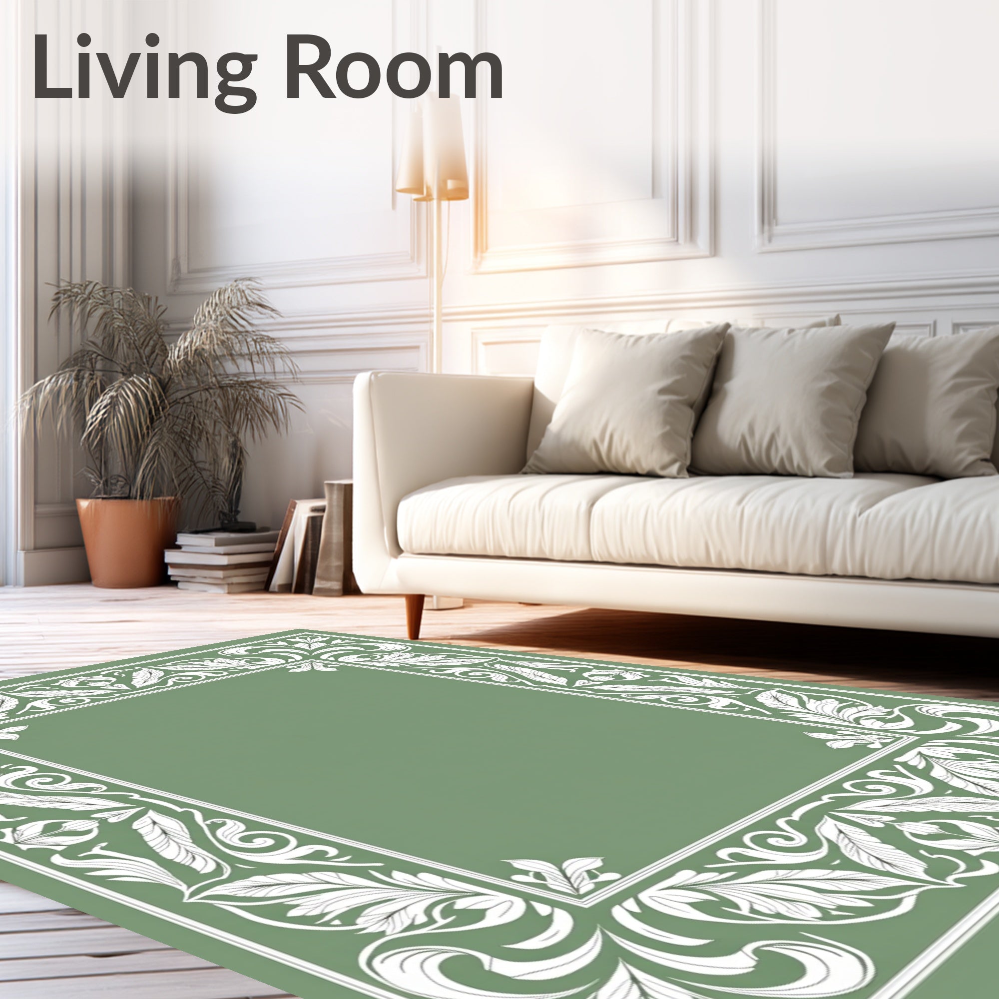 White Leafy Border Scrollwork Frame Rug