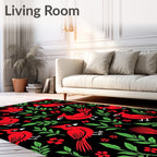 Red Cardinals Green Foliage Black Background Rug