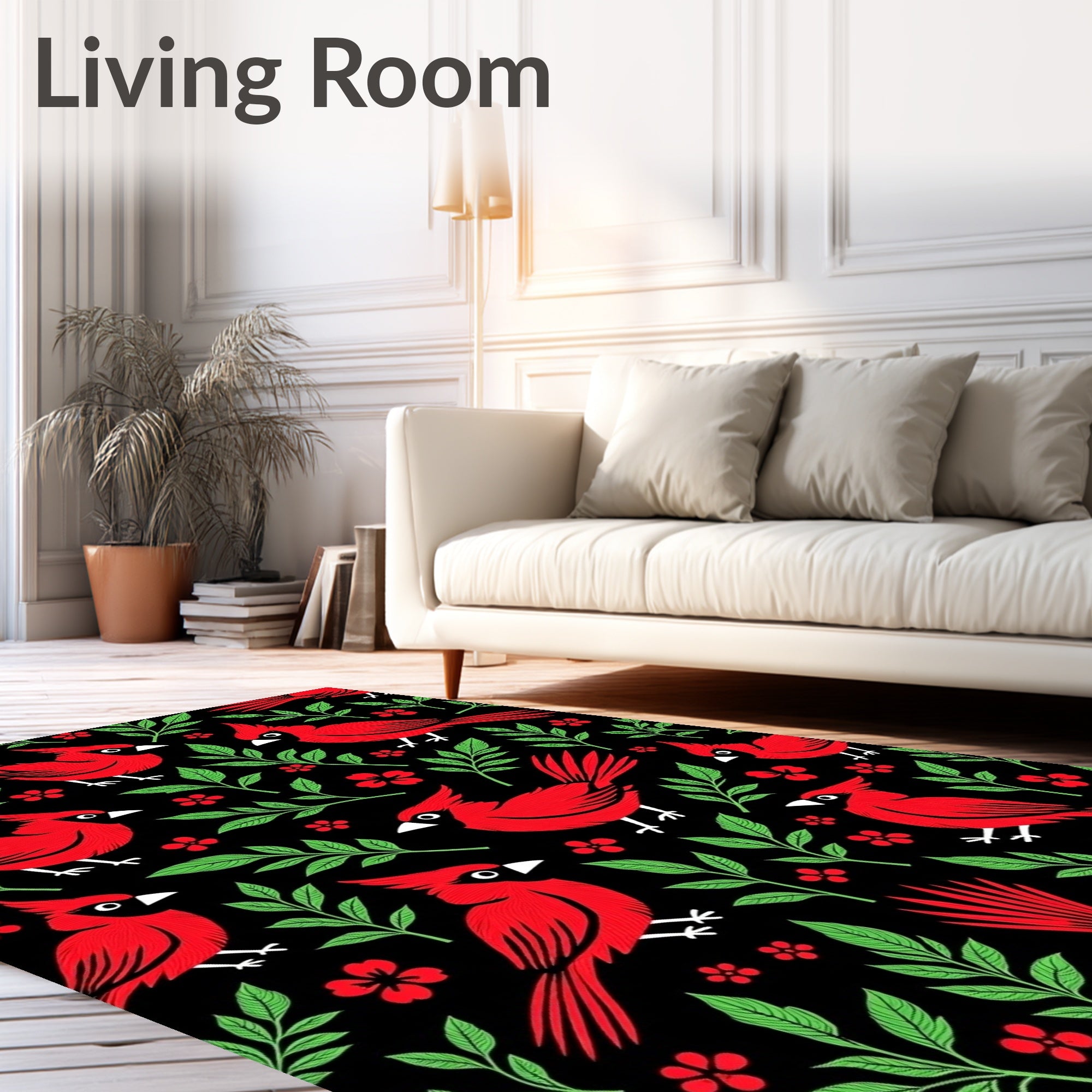 Red Cardinals Green Foliage Black Background Rug