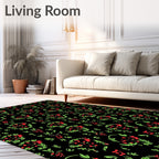 Crimson Floral Garland Black Background Rug