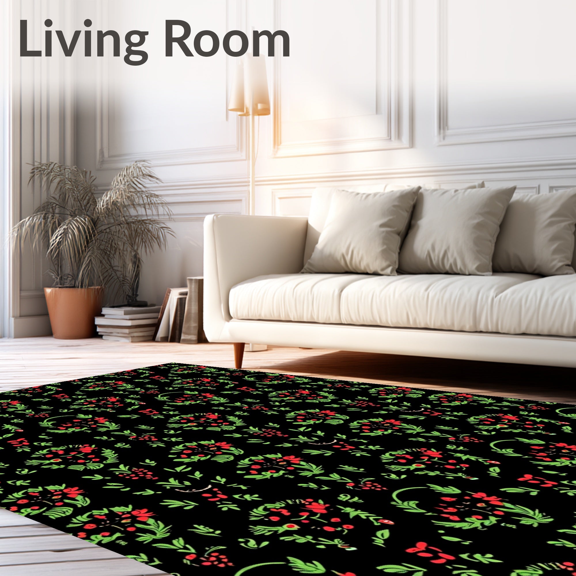 Crimson Floral Garland Black Background Rug