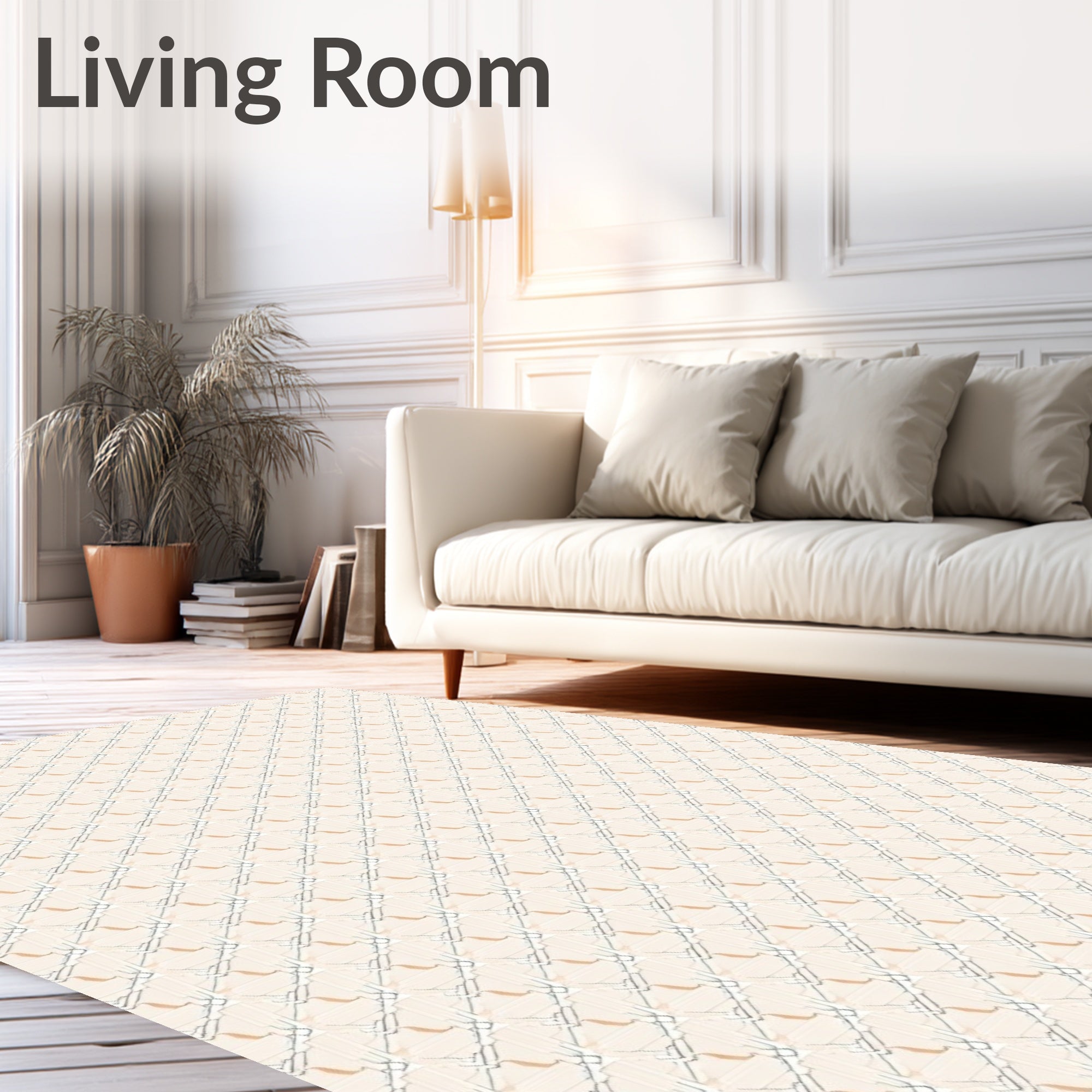 Cream Beige Interlocking Geometric Grid Rug