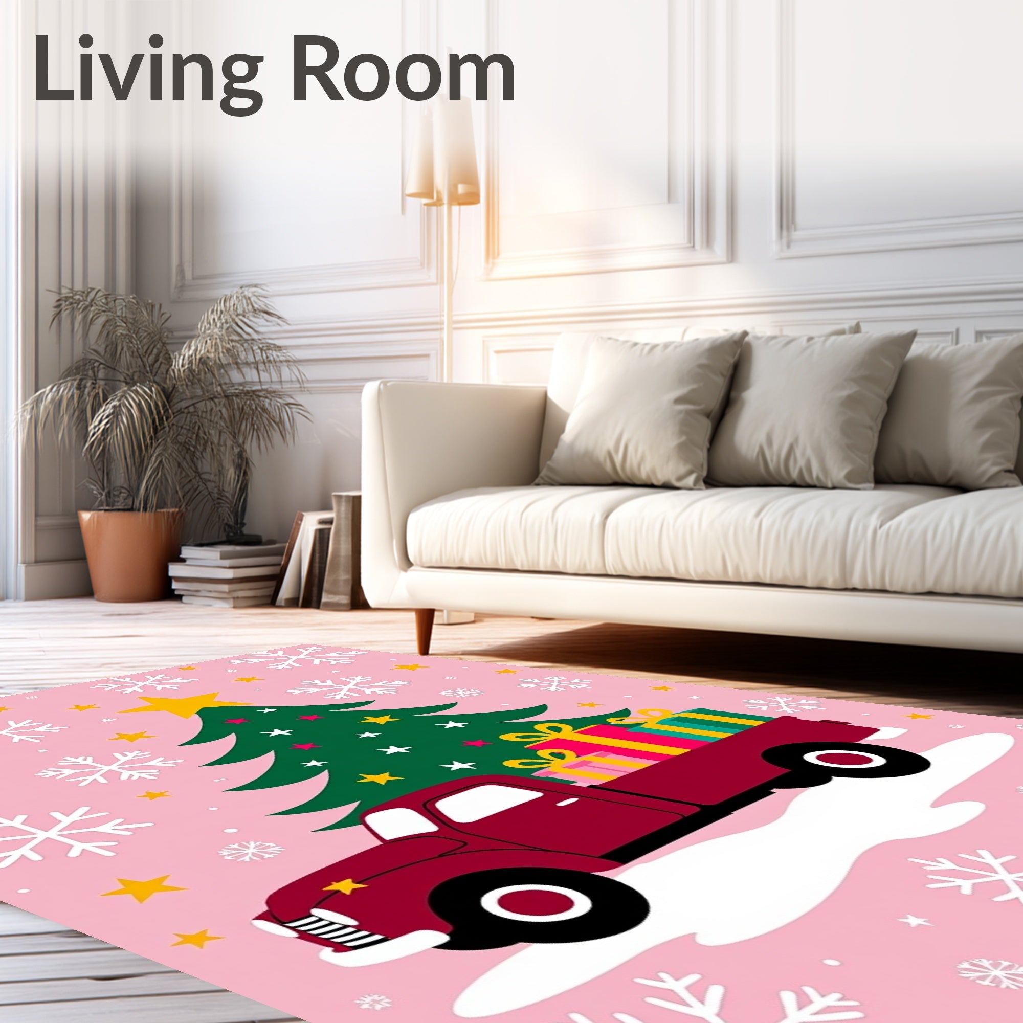 Crimson Truck Christmas Tree Gifts Snowflakes Rug