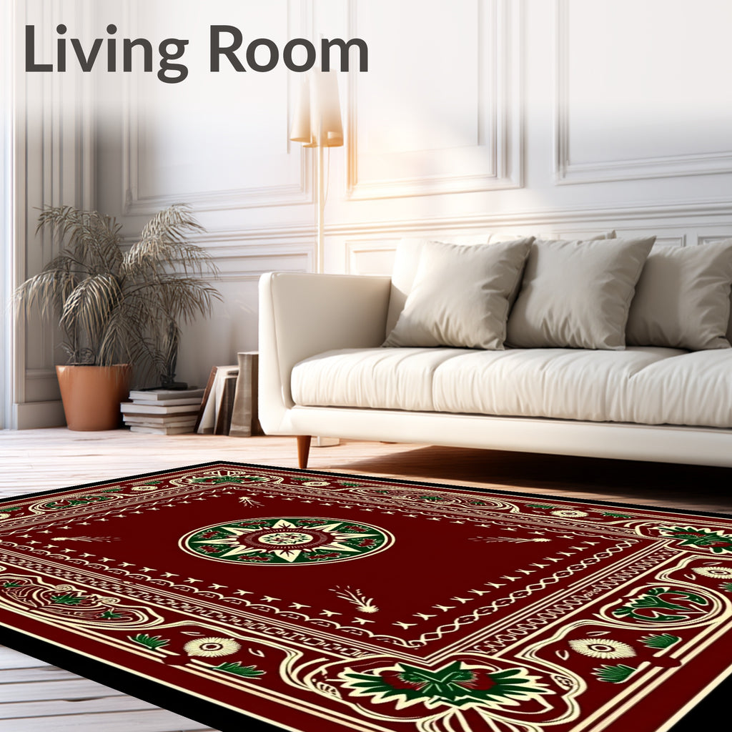 Rich Crimson Green Geometric Medallion Rug