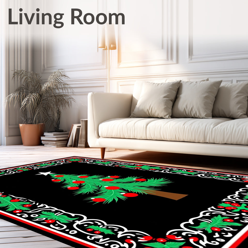 Merry Christmas Tree Holly Border Rug