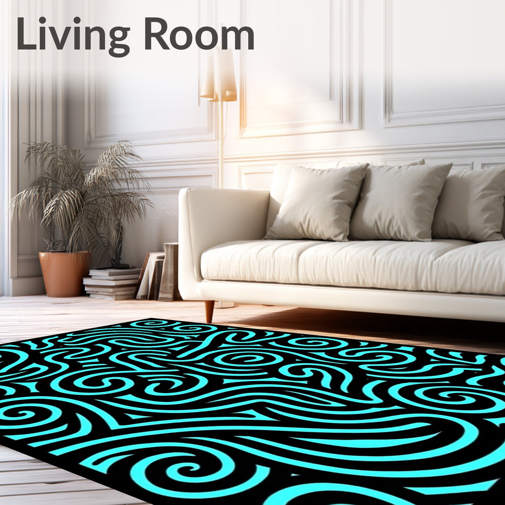 Cyan Swirls Black Abstract Lines Rug
