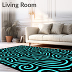 Cyan Swirls Black Abstract Lines Rug