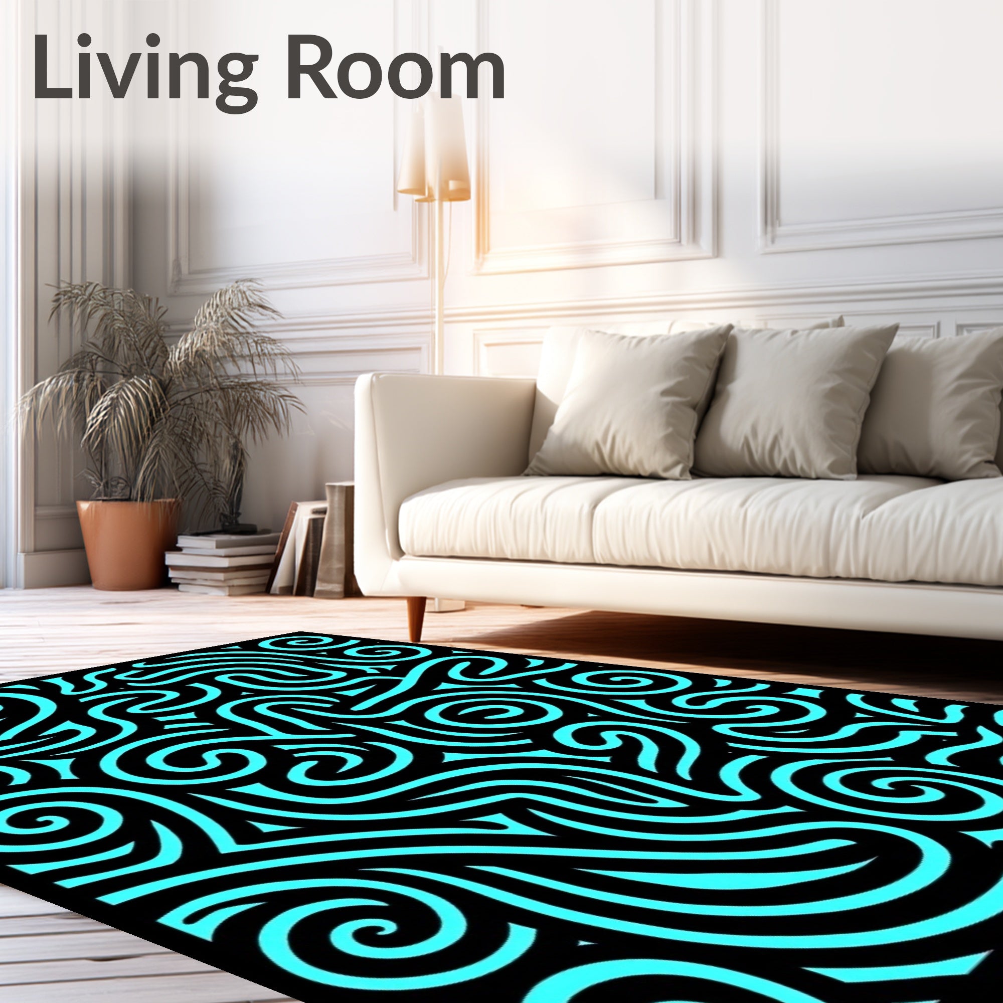 Cyan Swirls Black Abstract Lines Rug