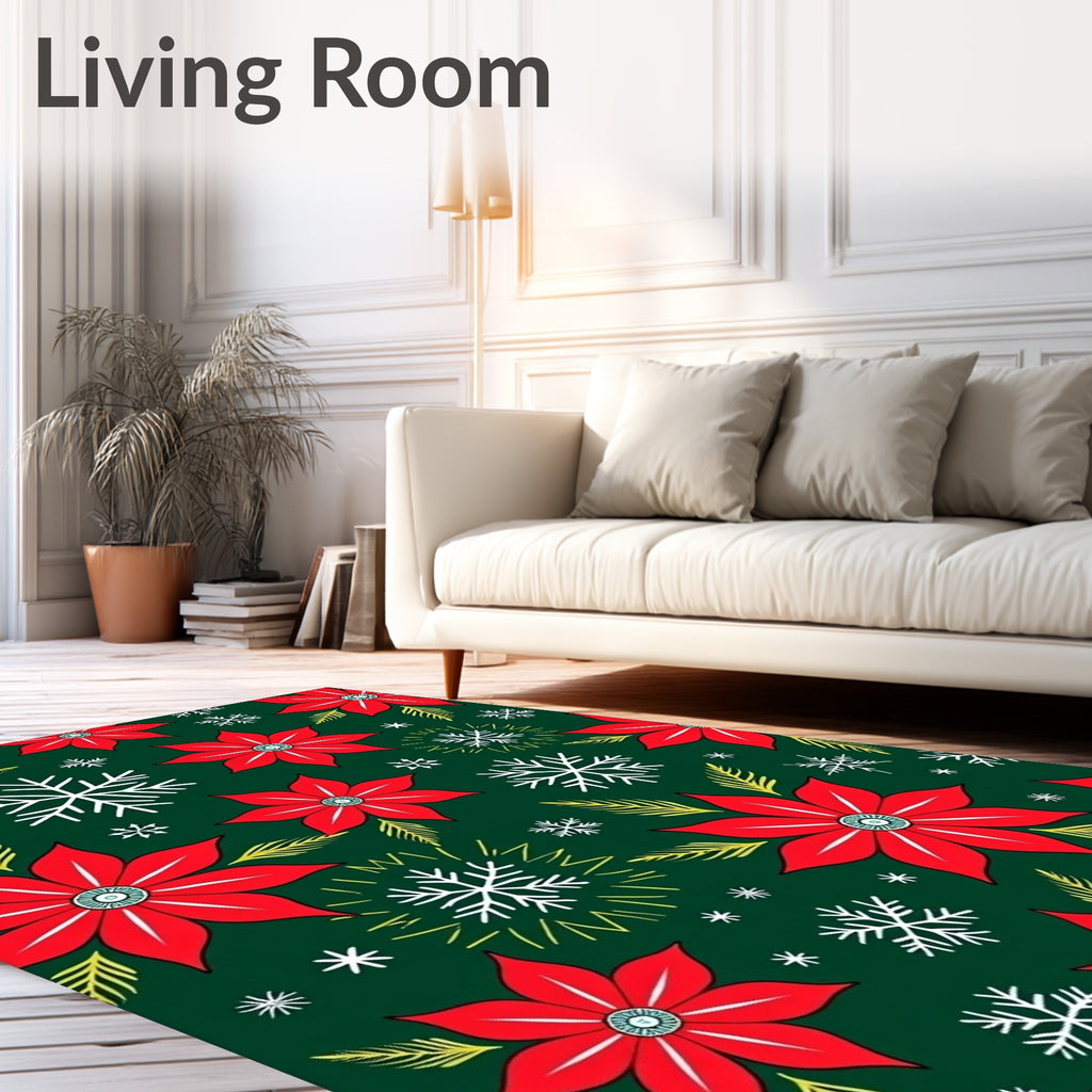 Red Poinsettia Snowflake Holiday Emerald Rug