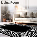 Black White Ornate Floral Border Rug