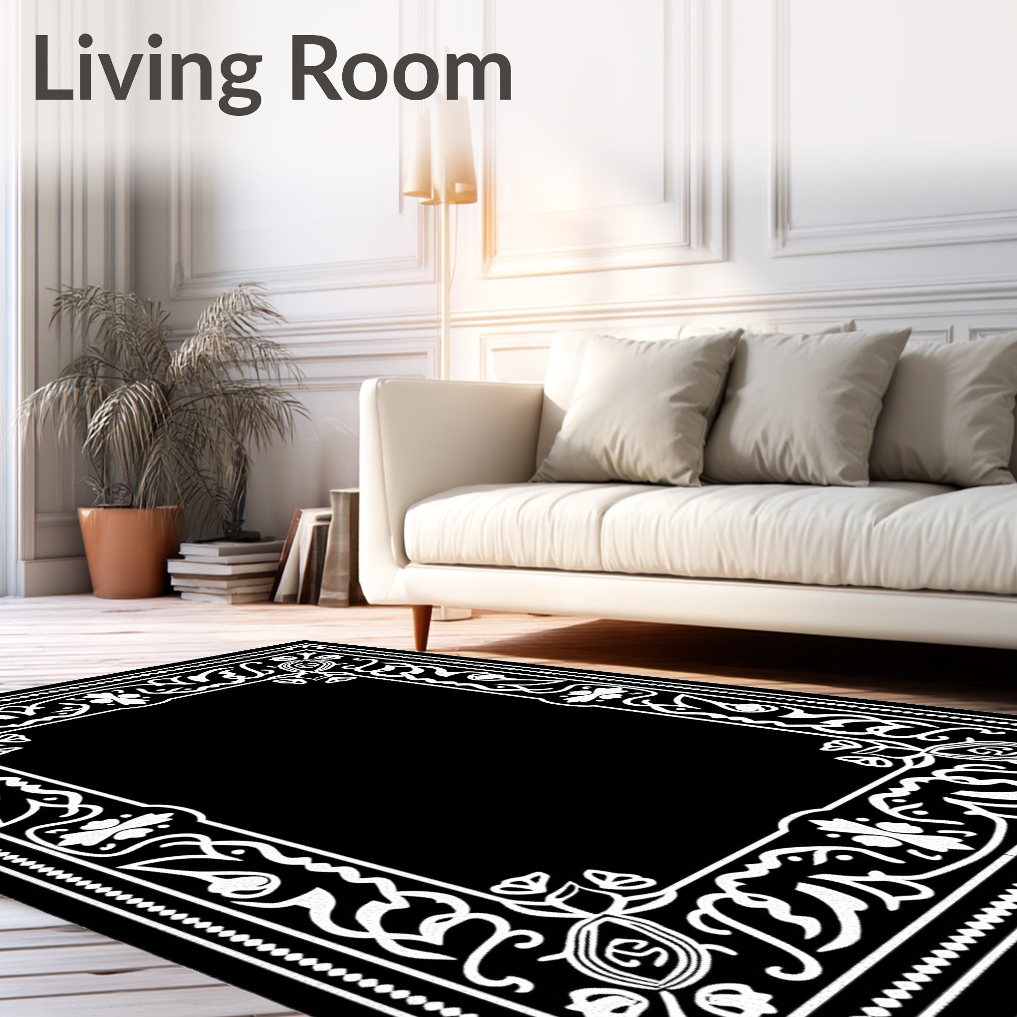 Black White Ornate Floral Border Rug
