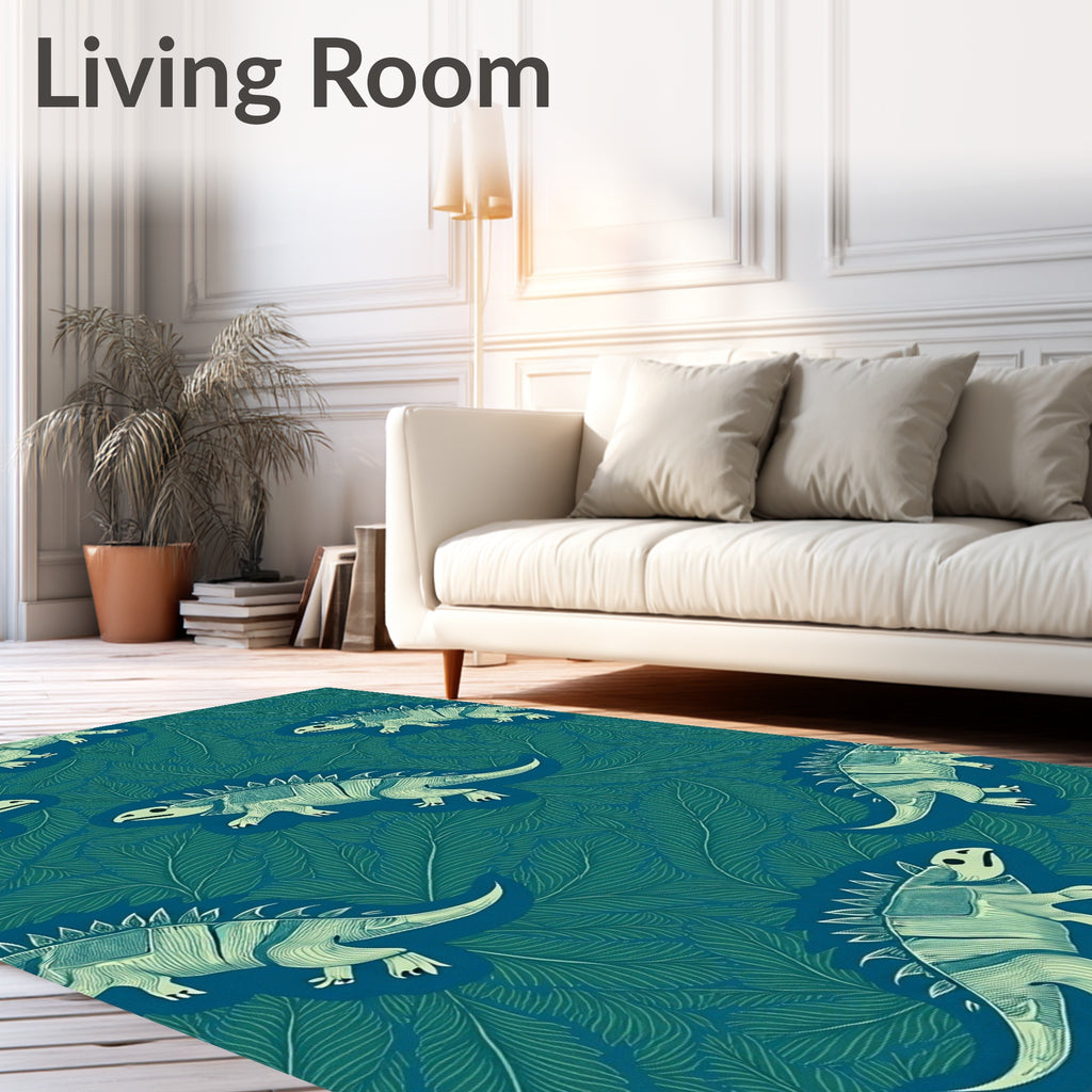 teal dinosaurs among green foliage Rug