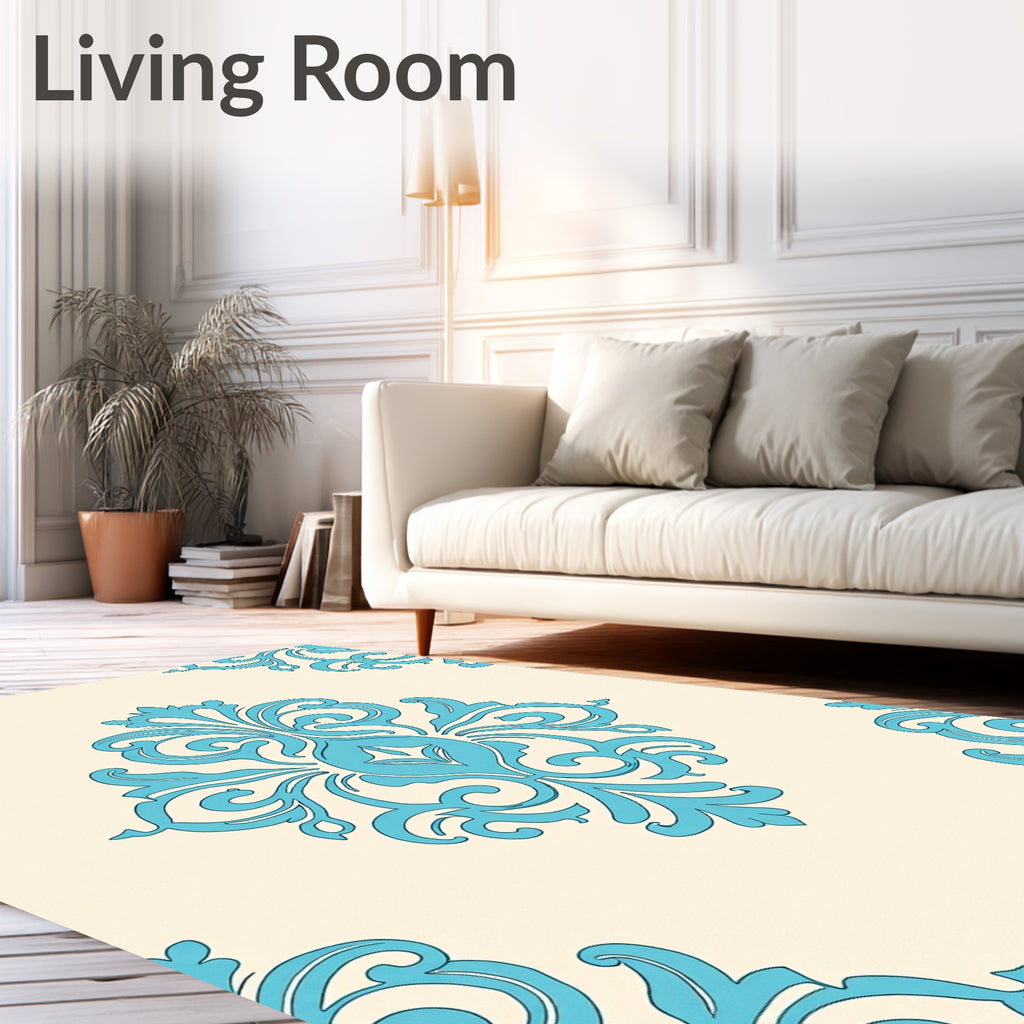 Aqua Damask Flourish Cream Rug