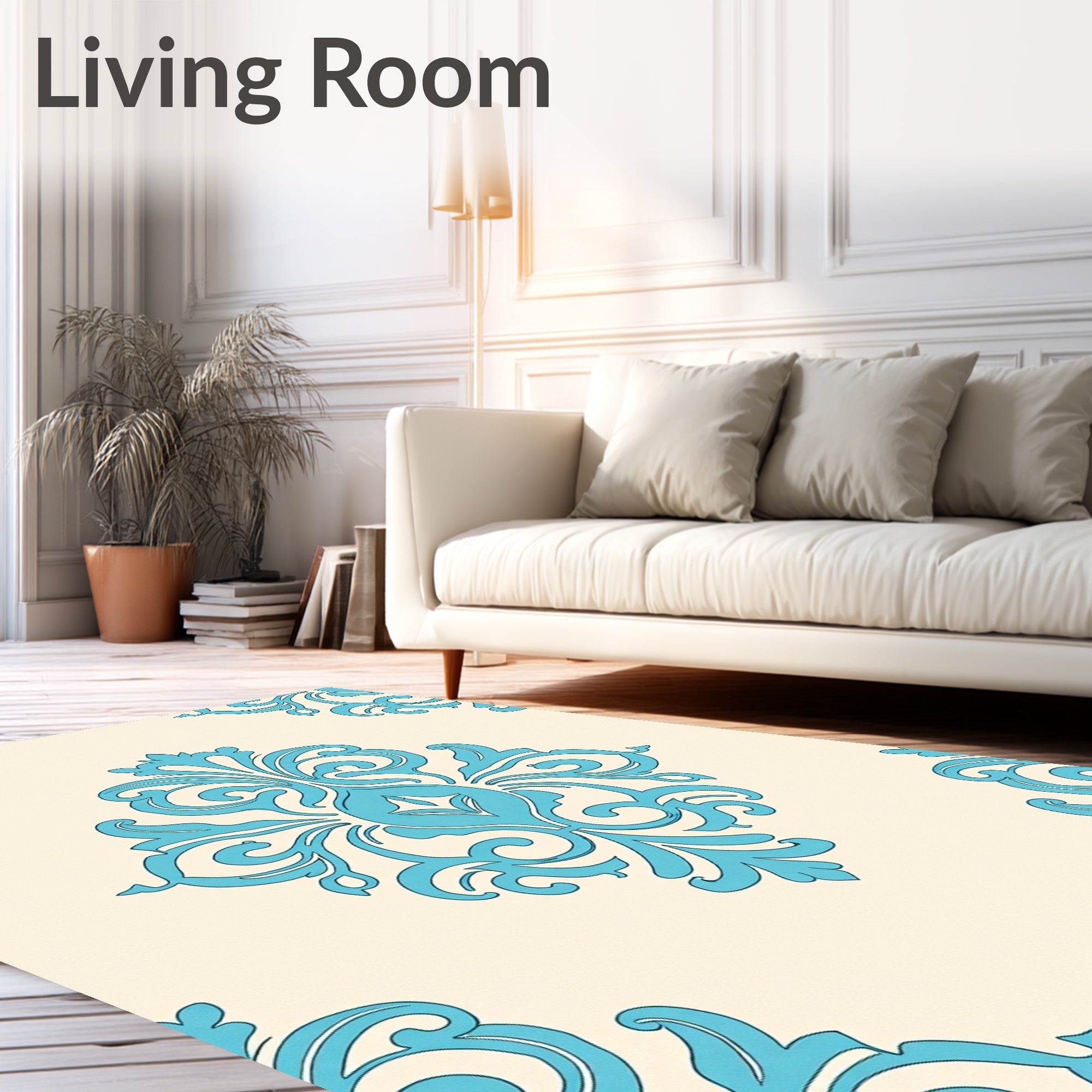 Aqua Damask Flourish Cream Rug