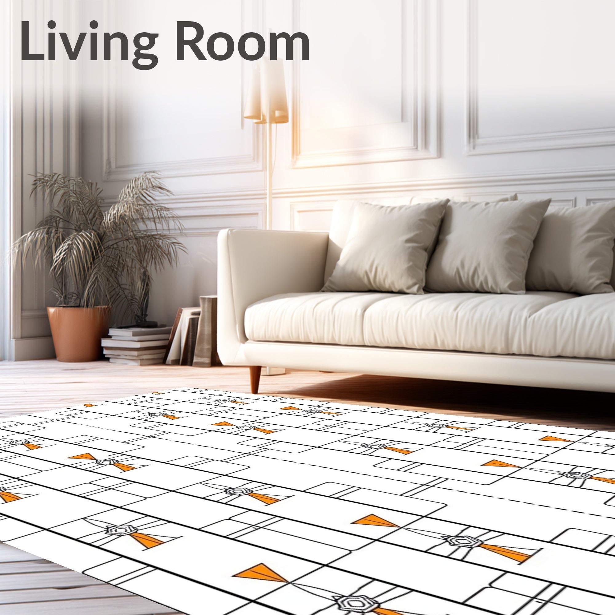 White Orange Geometric Abstract Frame Rug