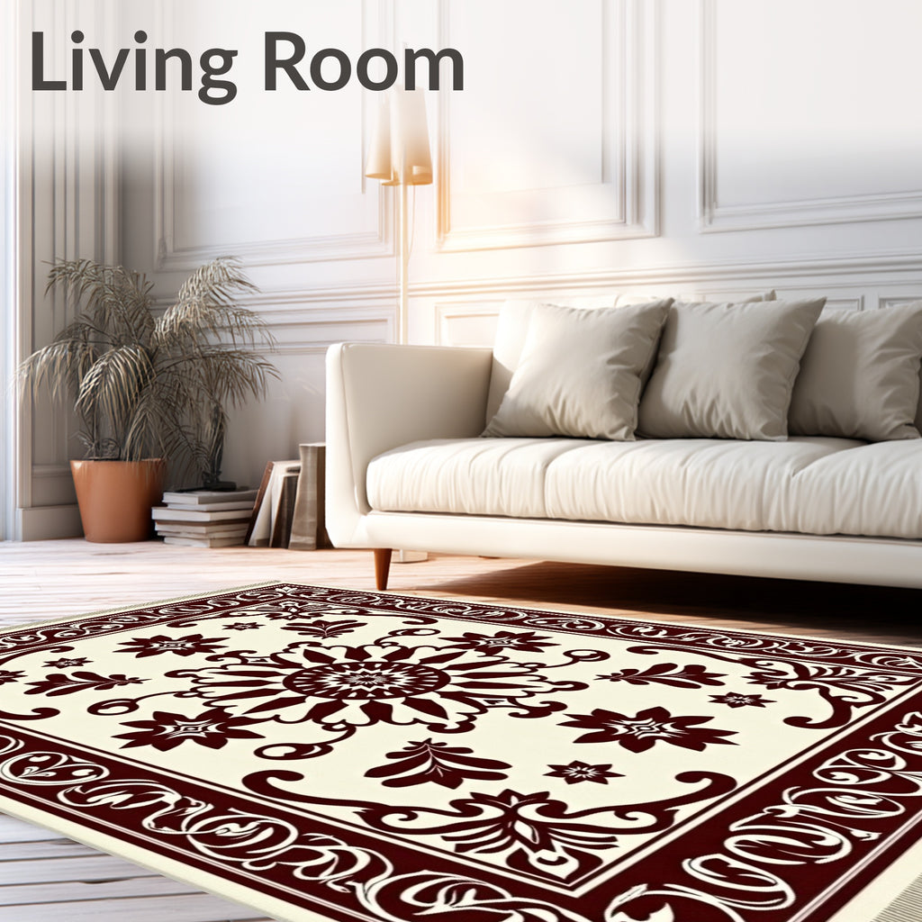 Deep Crimson Floral Medallion Ivory Rug