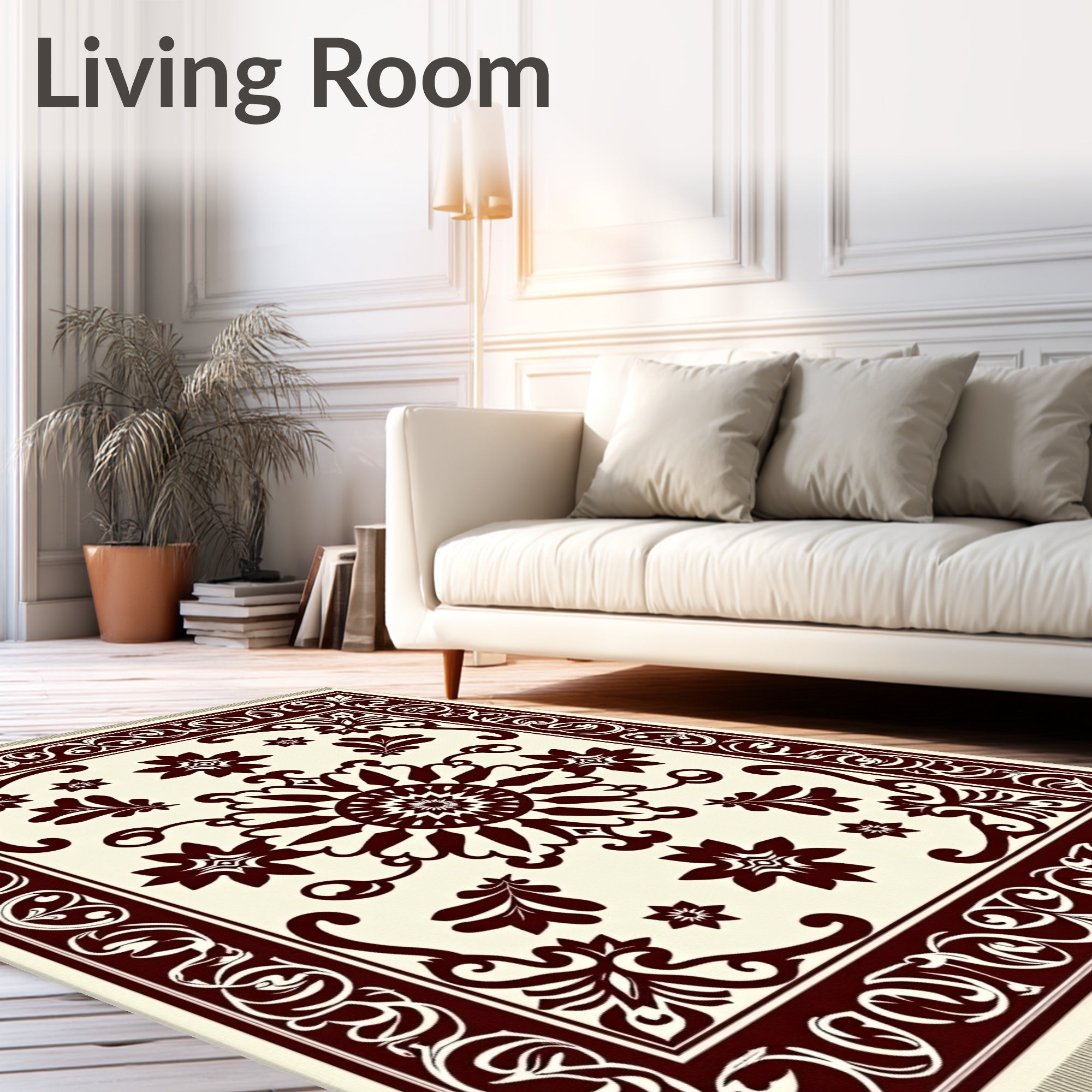 Deep Crimson Floral Medallion Ivory Rug