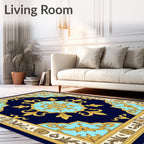 Royal Blue Golden Ornate Floral Accent Rug