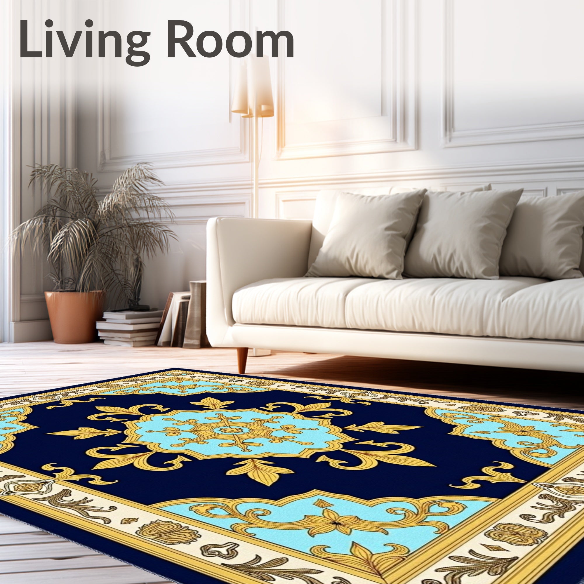 Royal Blue Golden Ornate Floral Accent Rug