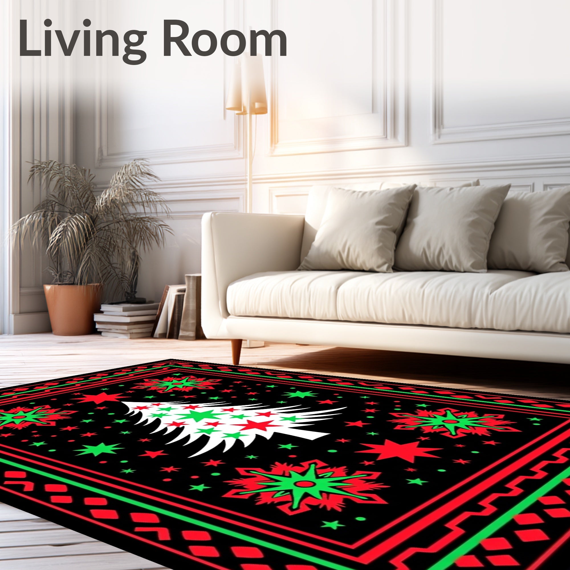 Festive Red Green Christmas Tree Stars Rug