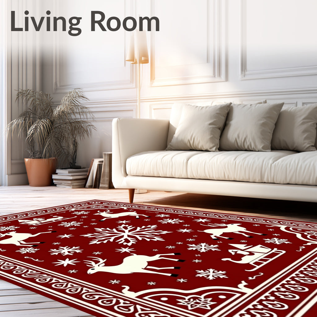 Deep Red Flying Reindeer Sleigh Snowflakes Rug