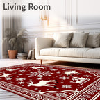 Deep Red Flying Reindeer Sleigh Snowflakes Rug