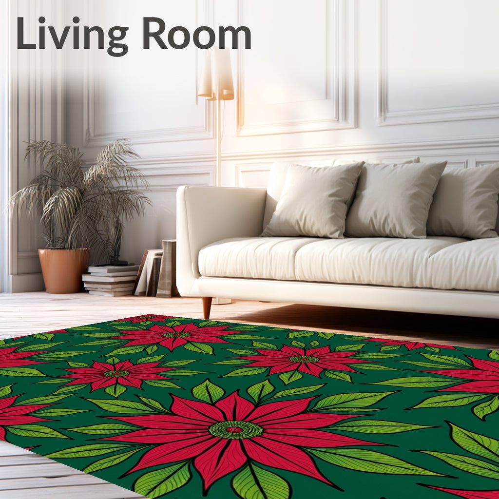 Crimson Red Floral Green Leaf Rug