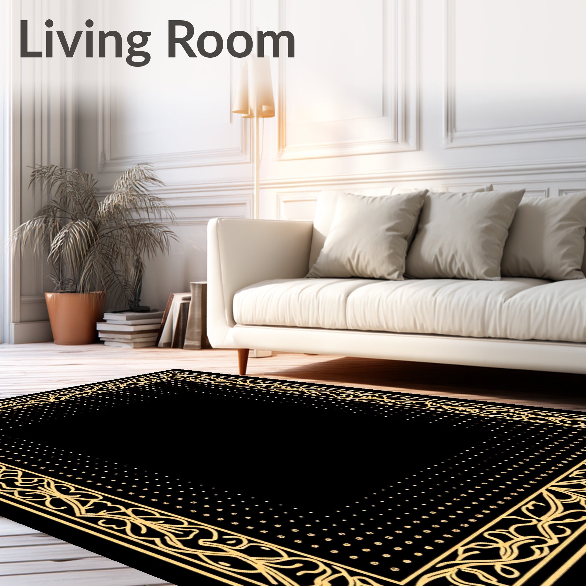 Golden Floral Vine Dotted Frame Rug