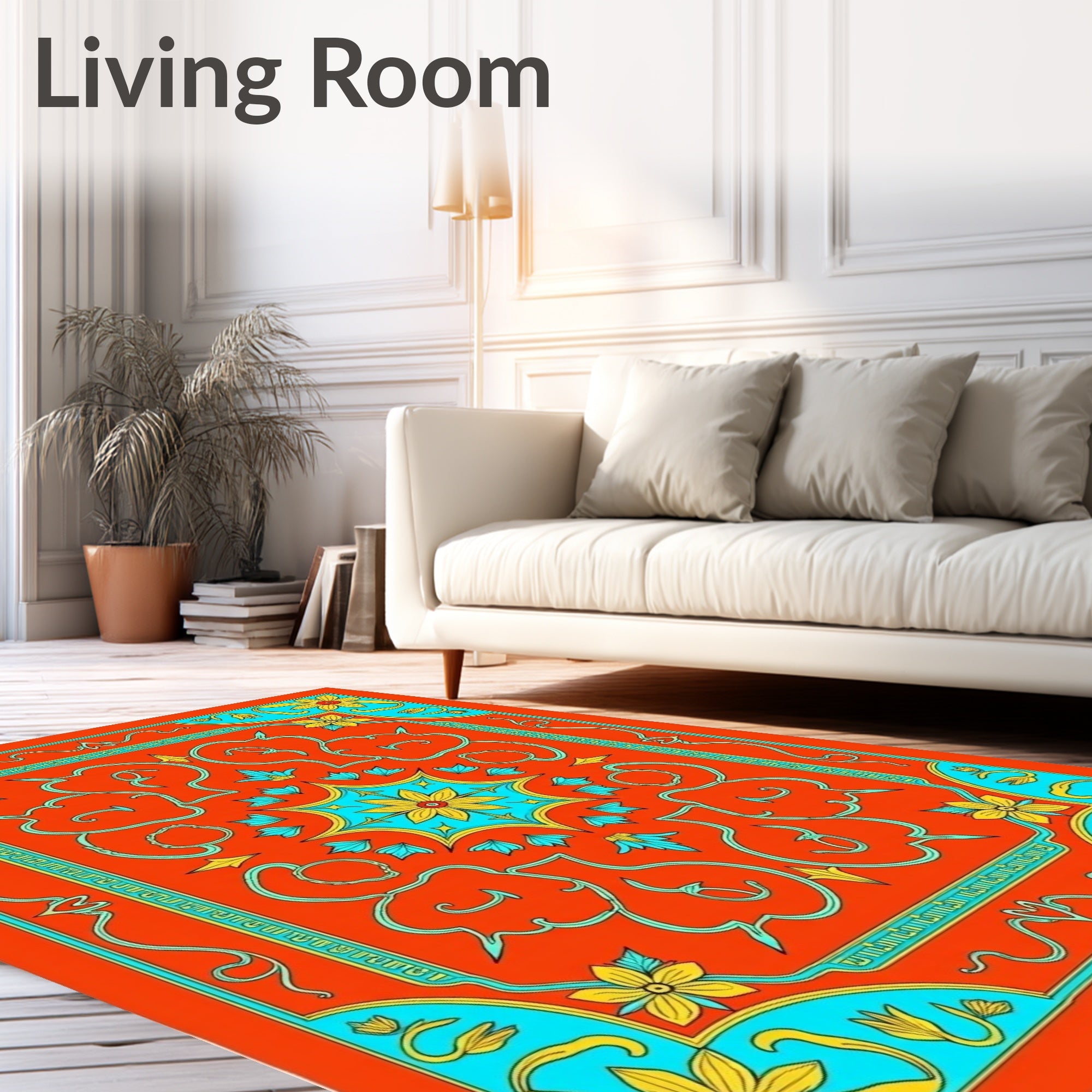Coral Aqua Yellow Floral Medallion Rug