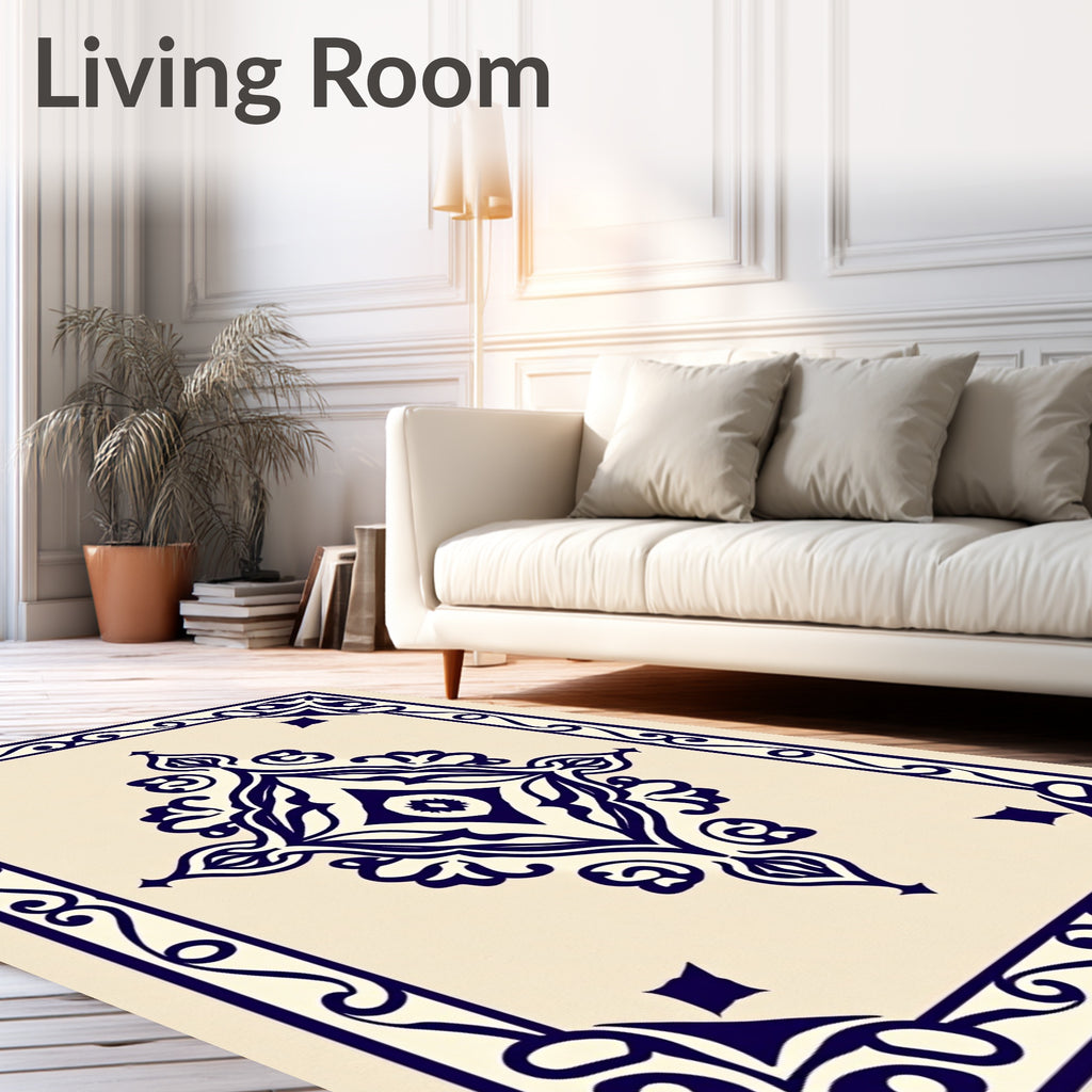 Navy Blue Cream Floral Medallion Frame Rug