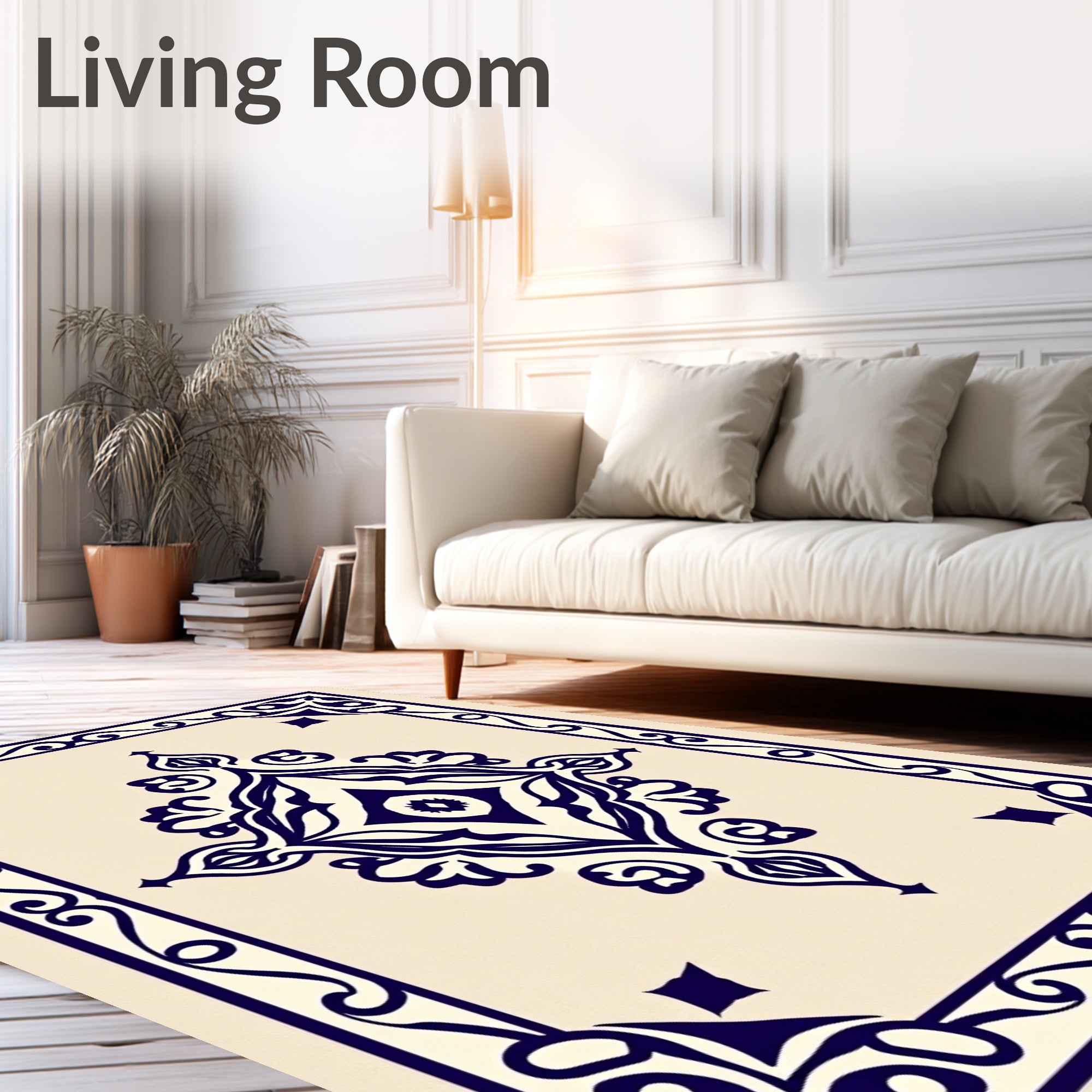 Navy Blue Cream Floral Medallion Frame Rug