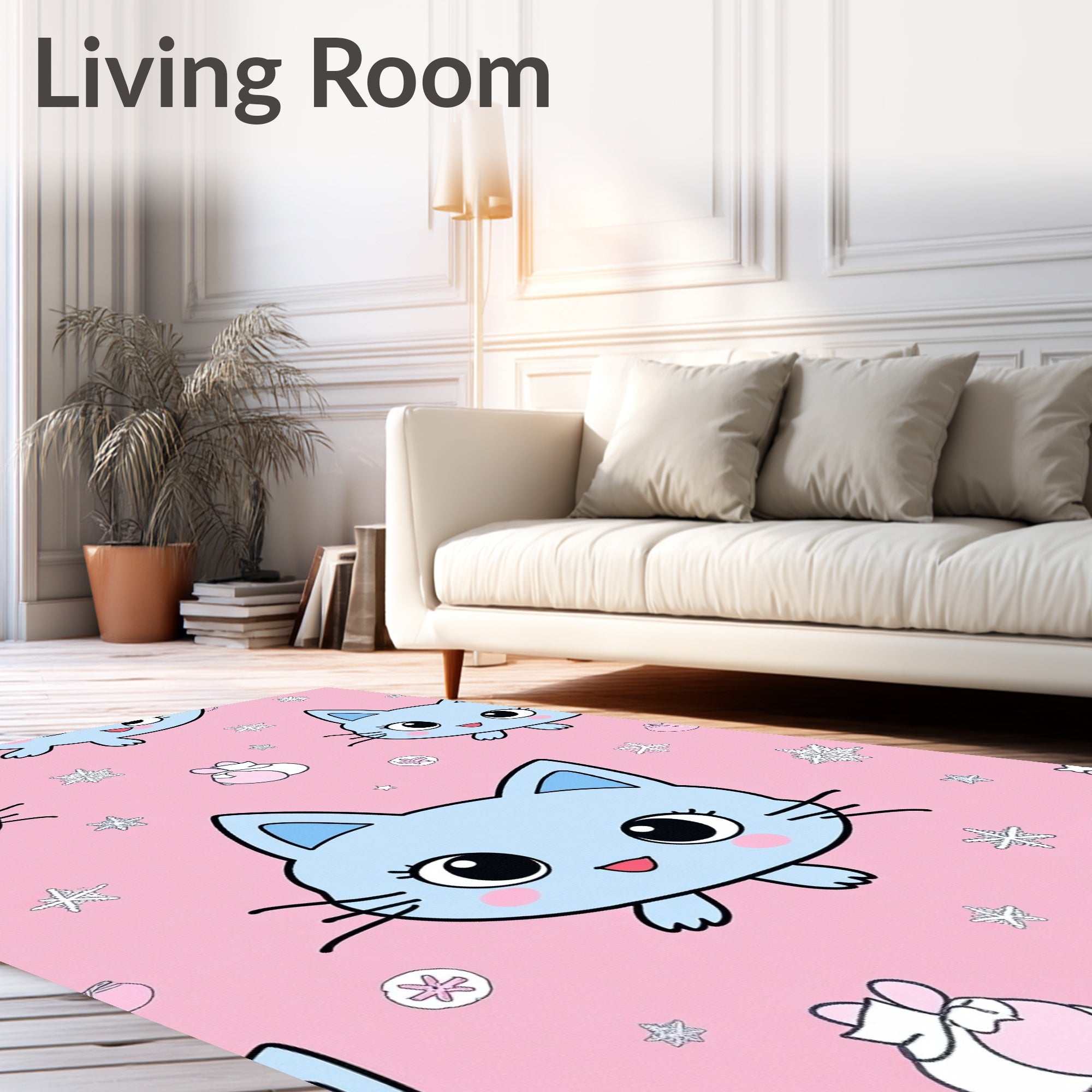 Cute Blue Kitty Snowflakes Pink Rug