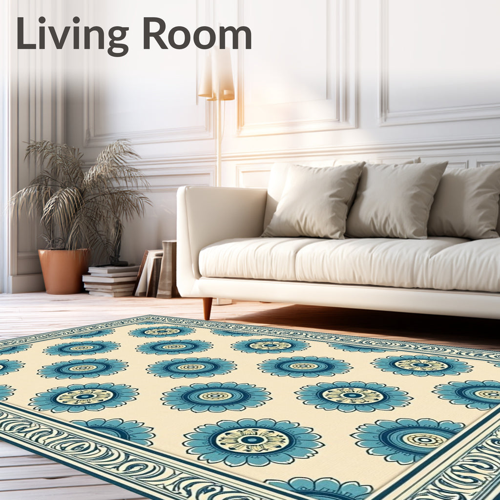 Blue Floral Medallion Bordered Rug